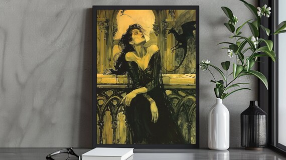 Gothic Dark Sorceress Art Print With Black Dragon Enigmatic Woman On Gothic Balcony Dark Fantasy Wall Art Ethereal Gothic Decor