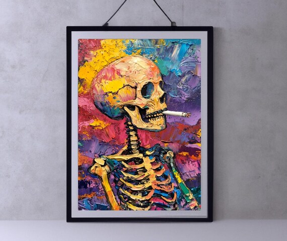Van Gogh Inspired Skeleton Smoking Cigarette Colorful Impasto Poster