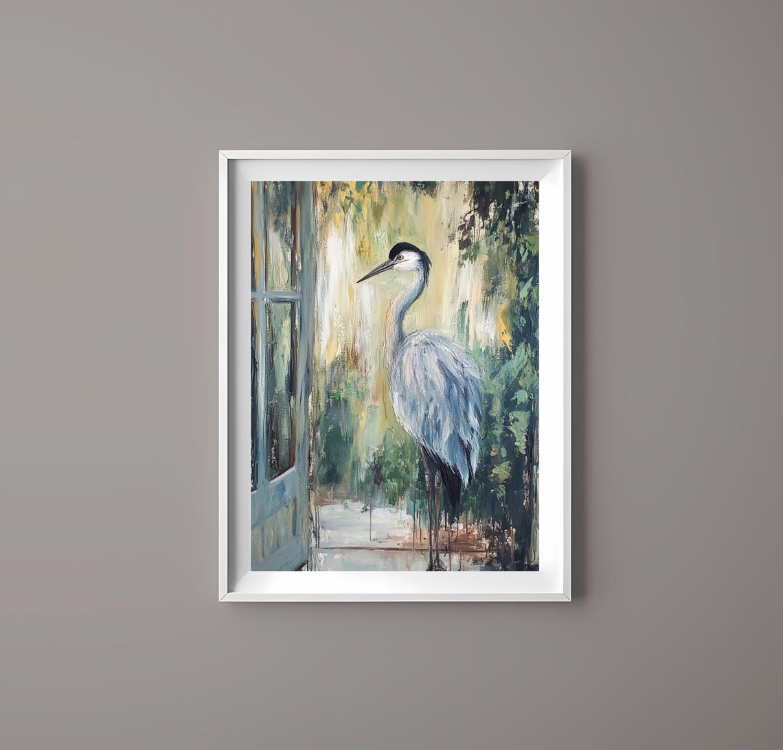 Elegant Grey Heron in a Sunlit Garden Impressionist Art Poster - Image 2