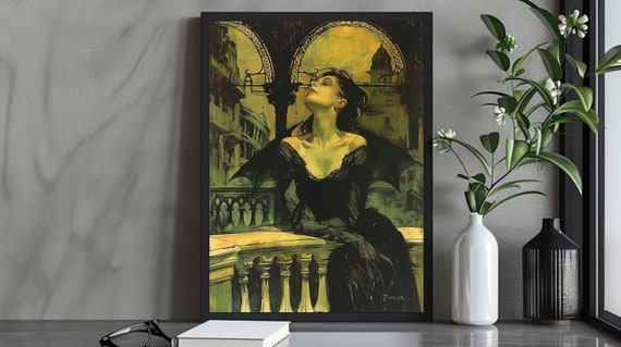 Dramatic Gothic Elegance Art Print Dark Romantic Woman In Black Mysterious Fantasy Wall Art Atmospheric Decor