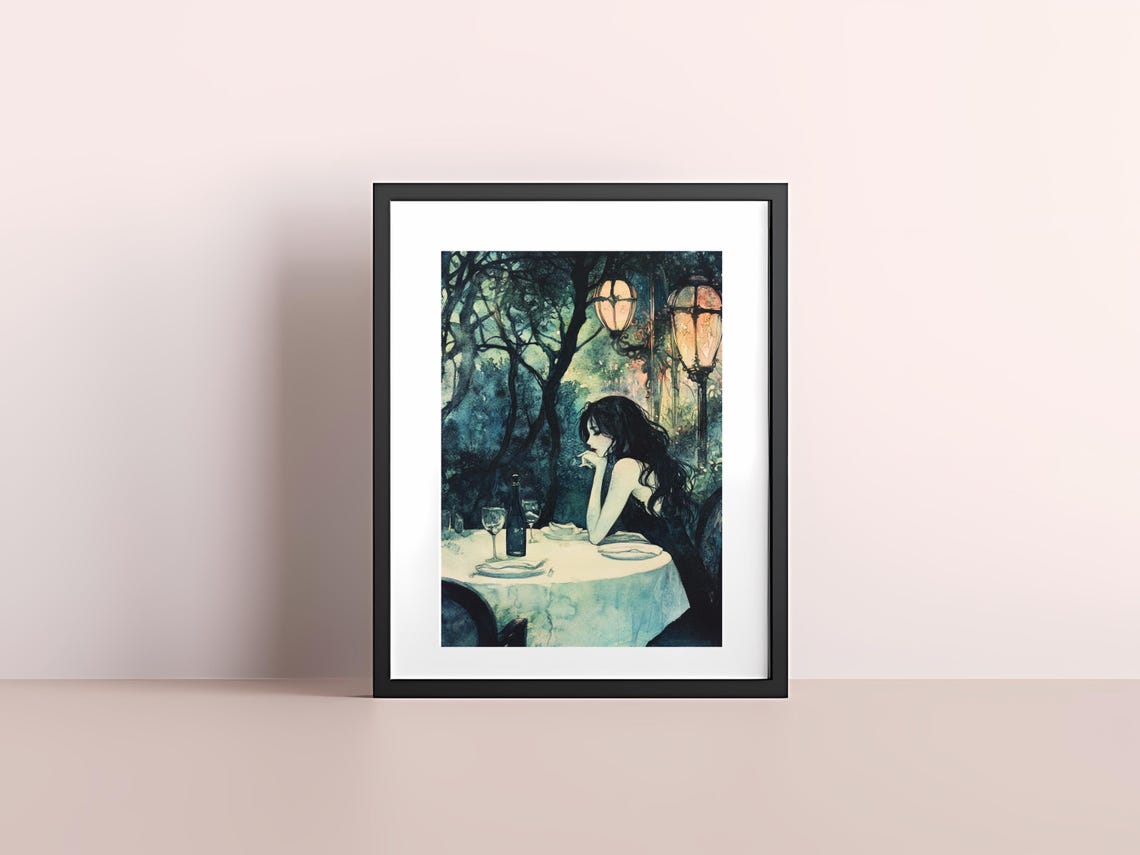 Dreamy Moonlit Dinner Woman Under Trees Watercolor Romantic Poster - Image 4
