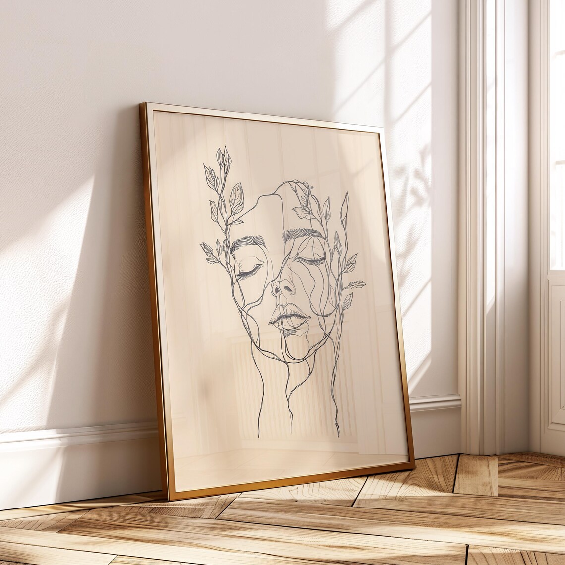 Botanical Line Face Art Feminine Plant Portrait Drawing Minimal Wall Poster