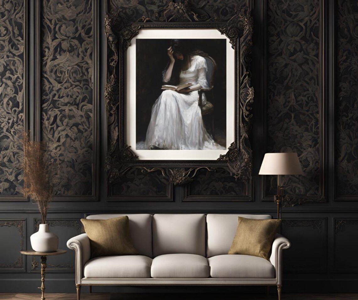 Antique Portrait of a Woman Reading Book in White Gown Art Poster - Image 3