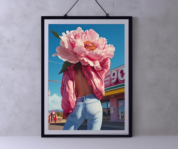 Peony Flower Head Surreal Woman Pink Jacket Pop Fashion Art Poster
