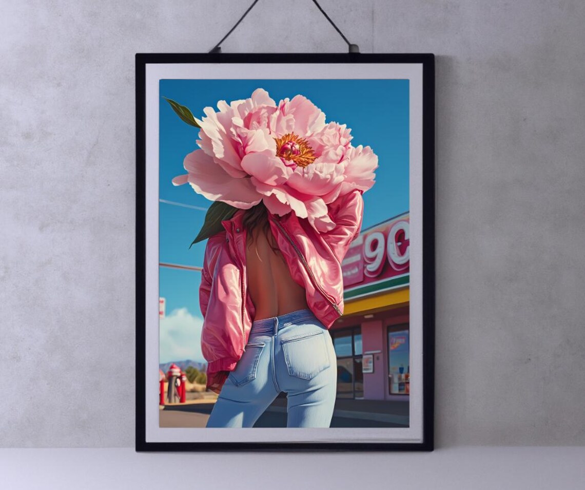 Peony Flower Head Surreal Woman Pink Jacket Pop Fashion Art Poster