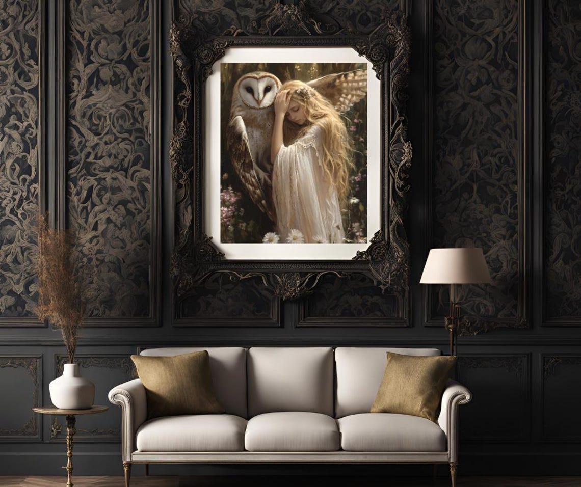 Blonde Goddess Gently Embracing a Giant Barn Owl Forest Flowers Poster - Image 3