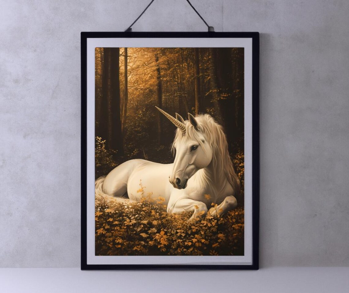 Magical White Unicorn Resting Golden Autumn Forest Fantasy Art Poster