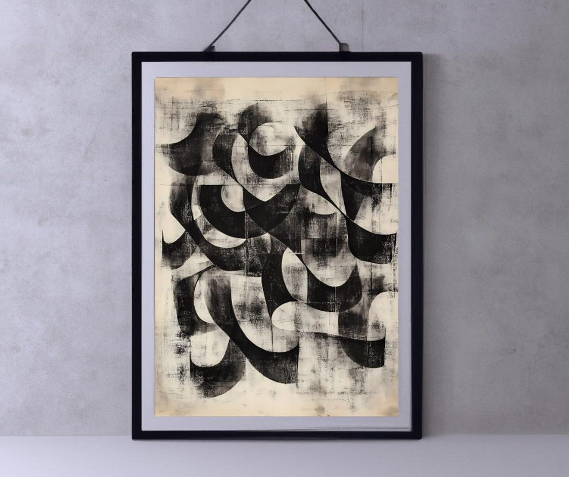 Bold Black Abstract Ink Loop Strokes on Cream Background Art Poster