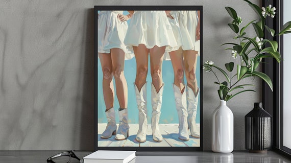 White Cowgirl Boot Print Cute Girly Painting Trendy Dorm Decor Western Wall Art