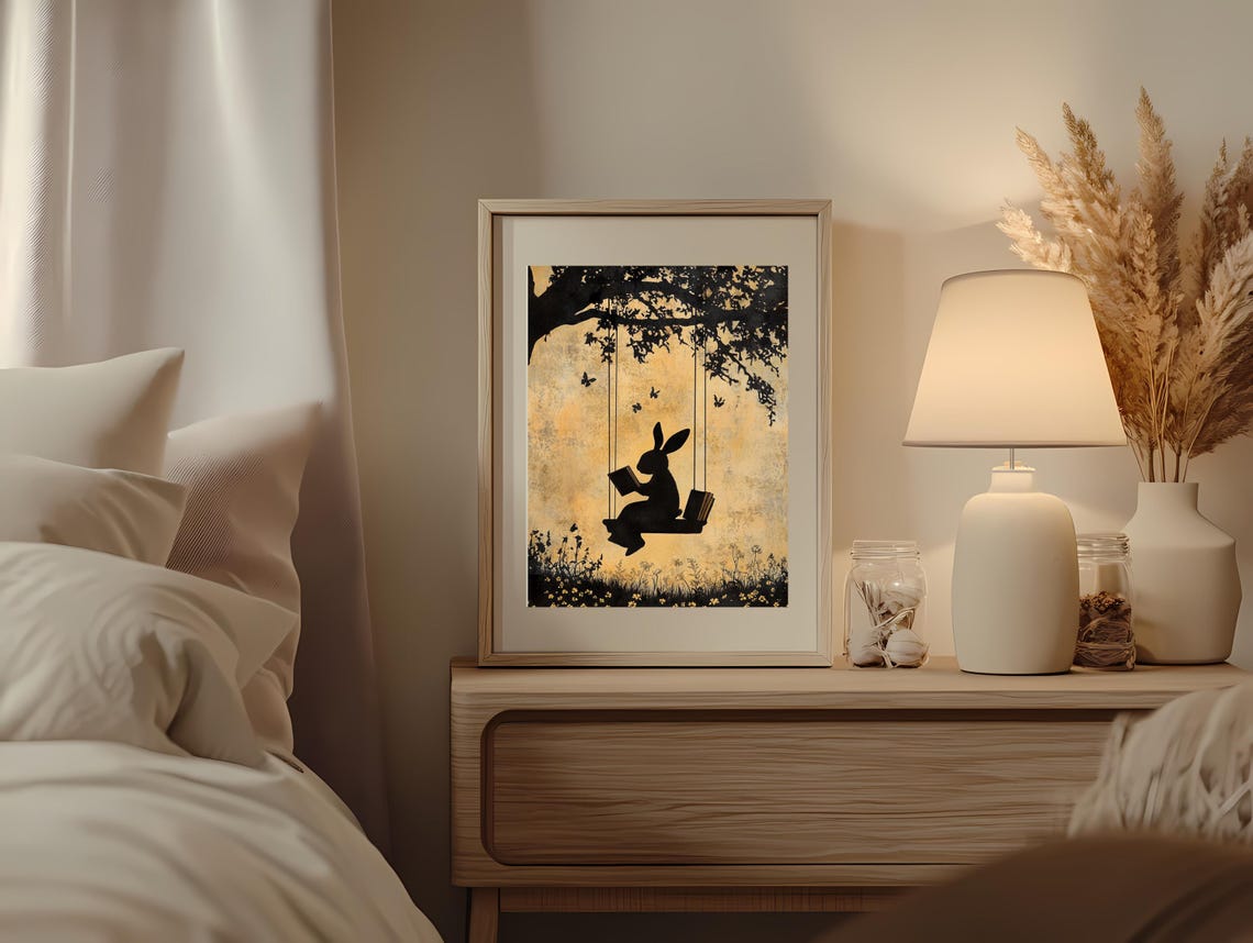 Bunny Silhouette Reading On Swing Golden Vintage Whimsical Poster - Image 2