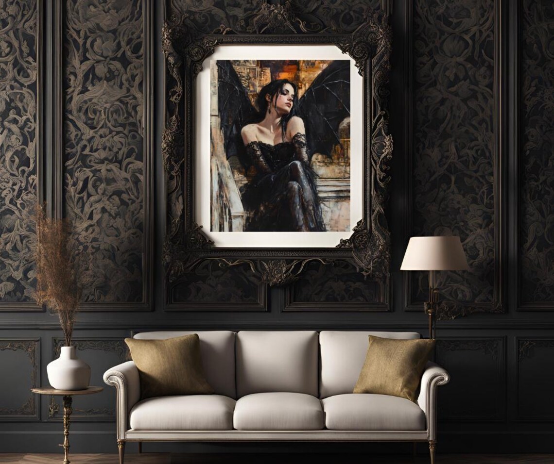 Dark Angel Woman With Black Bat Wings Gothic Romance Art Poster - Image 3
