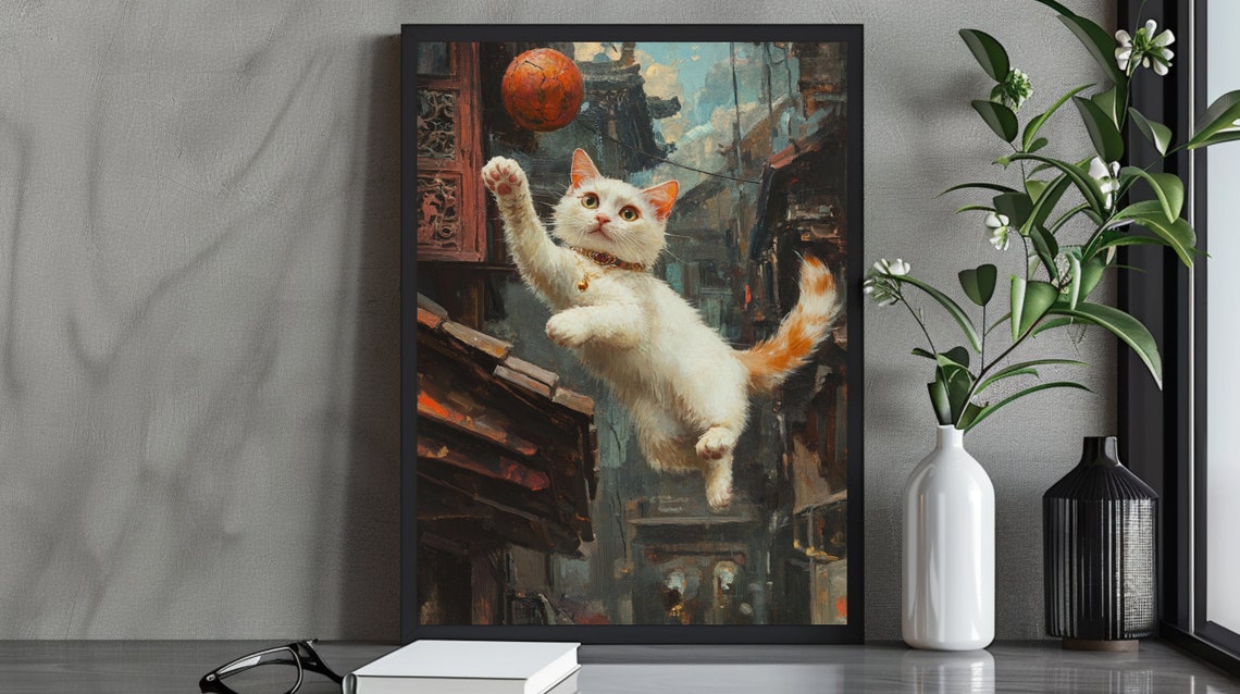 Playful White Cat Fantasy Illustration Chasing Ball Rooftop Poster