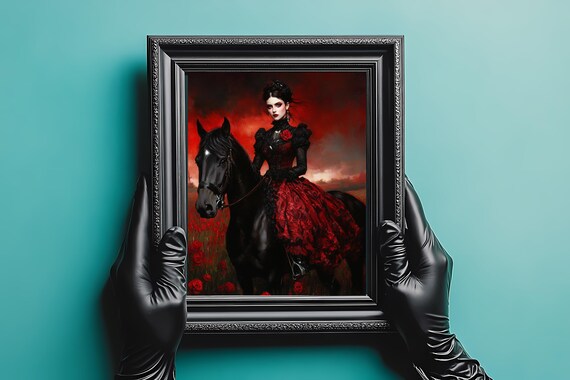 Gothic Lady Black Horse Crimson Sky Red Dress Dark Fantasy Poster