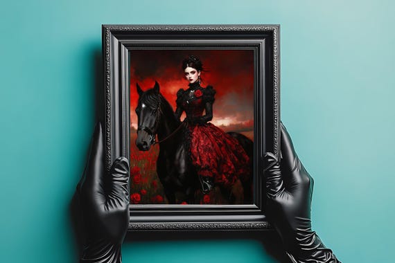 Gothic Lady On Horseback Dramatic Red And Black Illustration Dark Romantic Wall Art Unique Gift For Fantasy Lovers