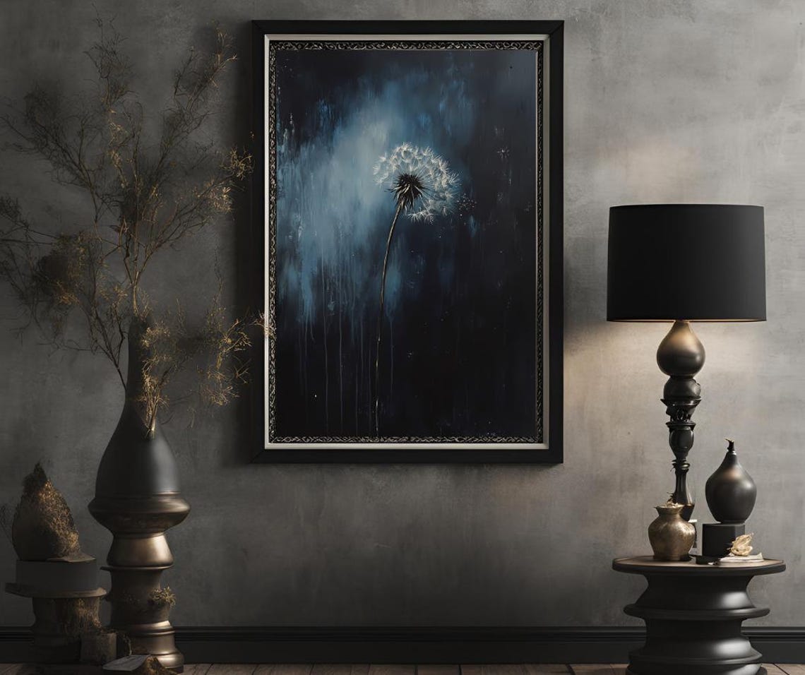 Dandelion With Scattering Seeds on a Dark Blue Moody Art Poster - Image 2