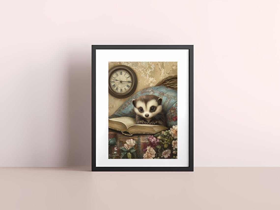 Cozy Ferret Reading a Book in a Vintage Study with Clock Poster - Image 3