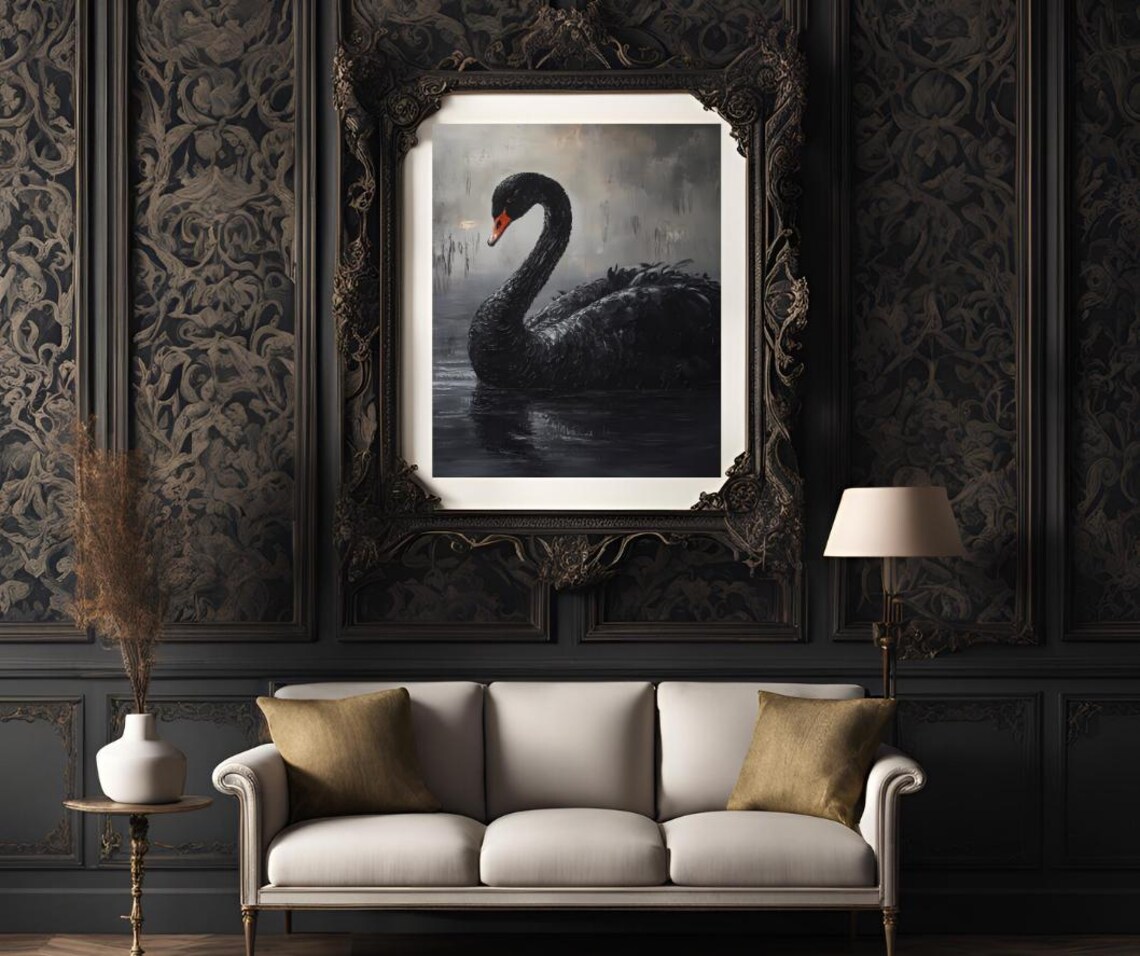 Black Swan Gliding On Dark Water Moody Oil Painting Art Poster - Image 3