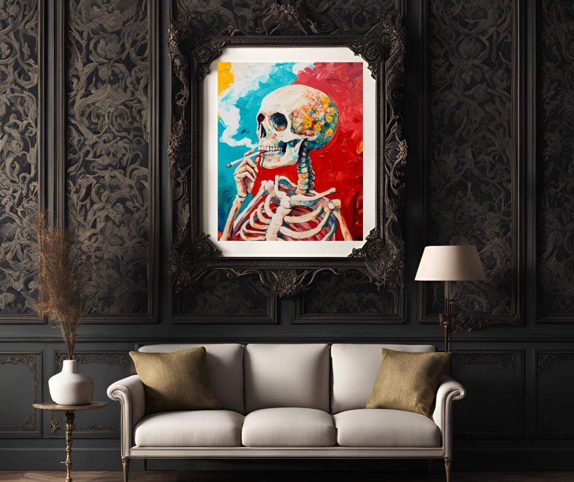 Skeleton Smoking Cigarette Held in Hand Colorful Teal and Red Poster - Image 3