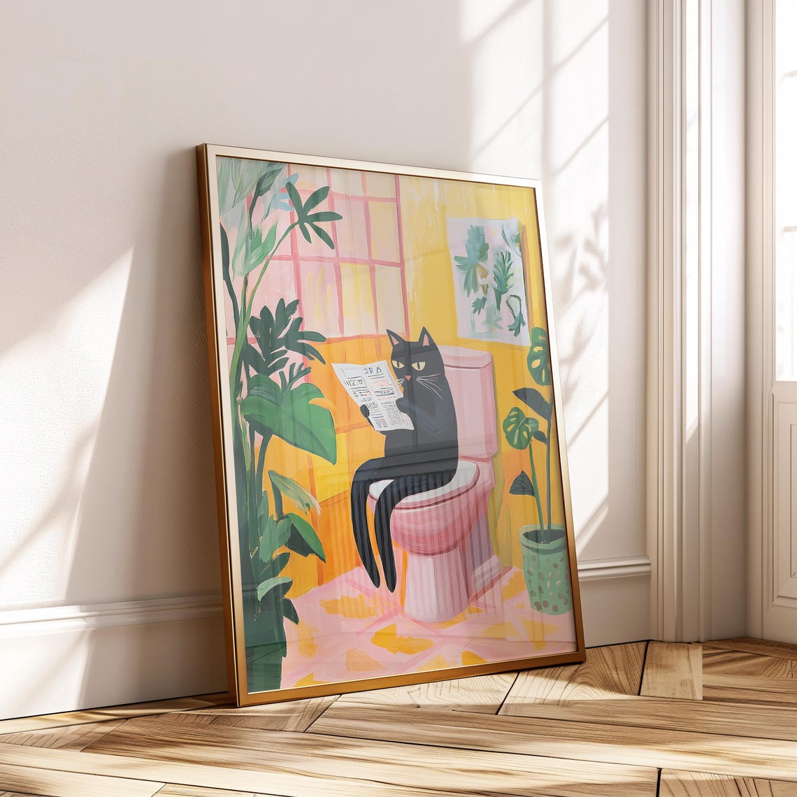 Funny Black Cat Reading Newspaper On Pink Toilet Tropical Wall Art