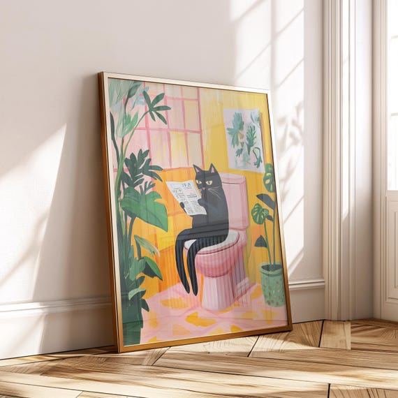 Funny Black Cat Bathroom Poster Tropical Toilet Wall Art For Lovers Colorful Pink And Yellow