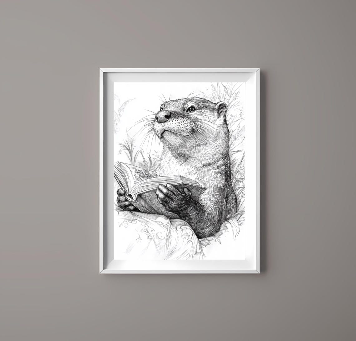 Elegant Otter Reading a Book in Black and White Line Art Poster - Image 3