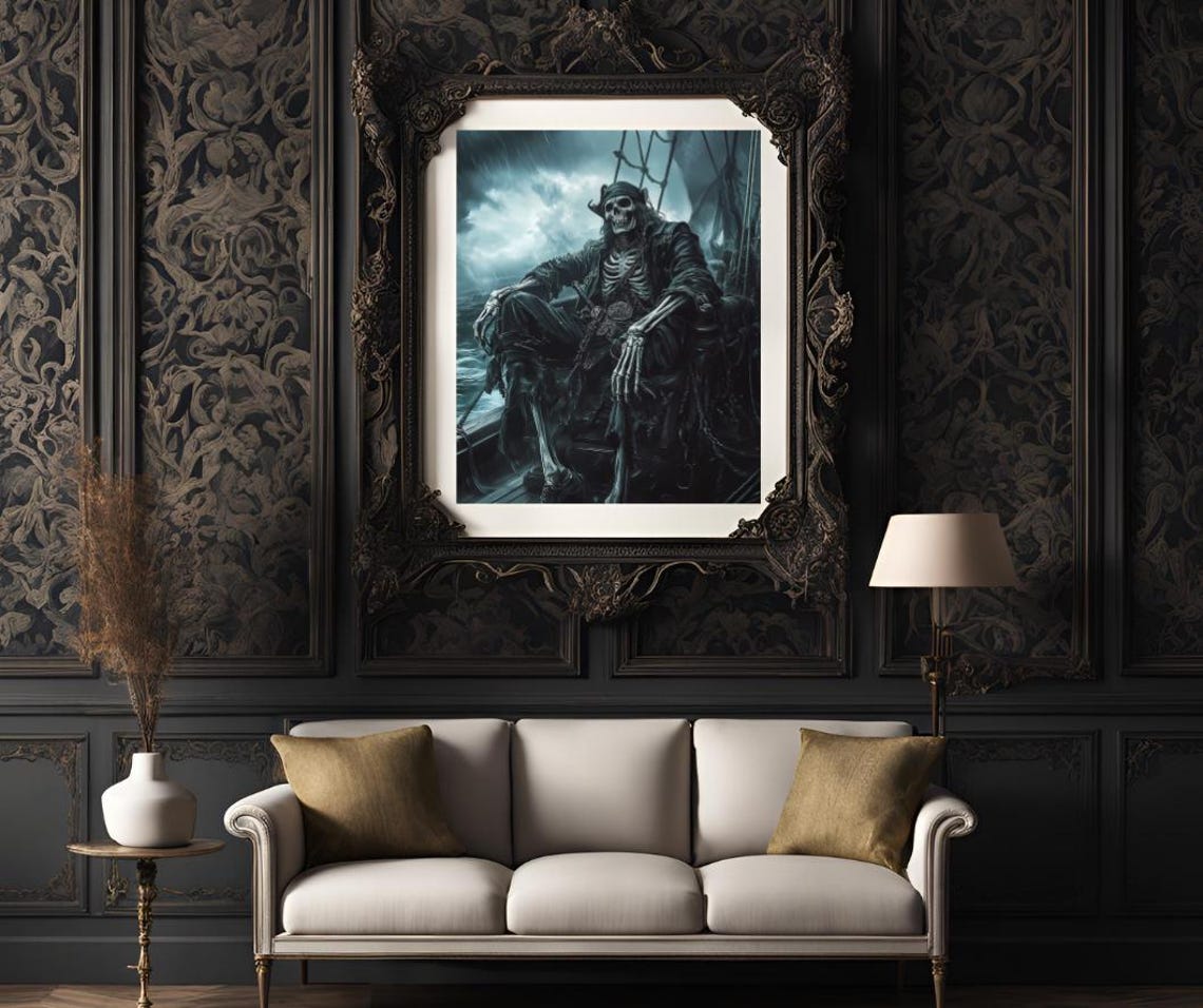 Skeleton Pirate Captain Sitting on a Stormy Haunted Ship Poster - Image 3