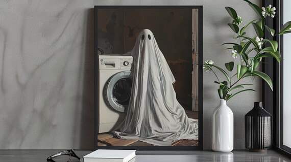 Spooky Sheet Ghost Beside Washing Machine in Dark Laundry Poster