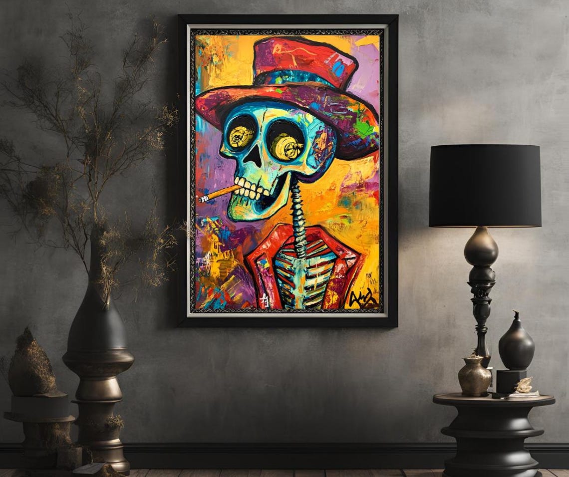 Colorful Skull In Red Top Hat Smoking Pop Art Skeleton Poster - Image 2