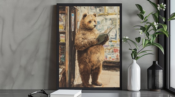 Bear Reading Book In Cozy Bookstore Whimsical Animal Art Poster