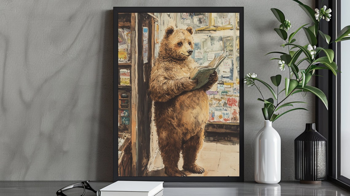Bear Reading Book In Cozy Bookstore Whimsical Animal Art Poster