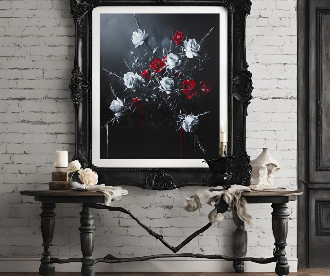 Red and White Roses Bouquet on Black Background Moody Floral Poster - Image 4