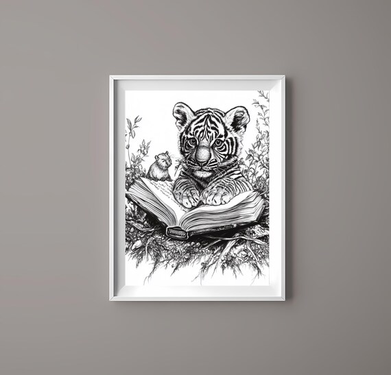 Tiger Cub Reading Book Line Art Whimsical Black White Animal Poster