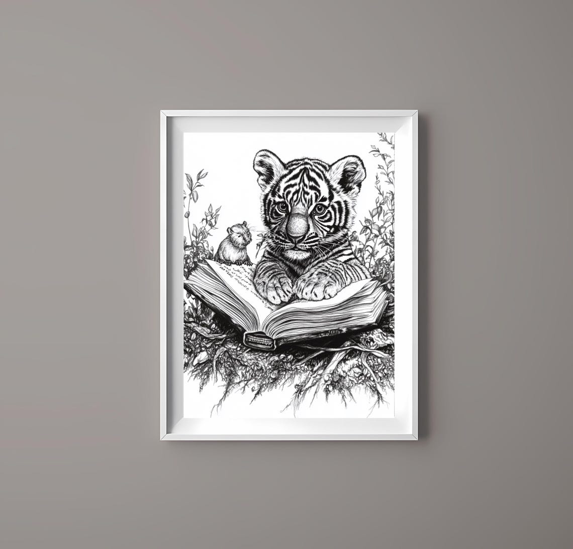 Tiger Cub Reading Book Line Art Whimsical Black White Animal Poster