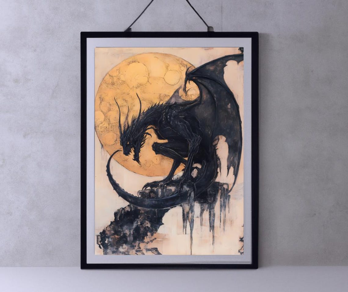 Majestic Black Dragon Golden Moon Ink Wash Dark Fantasy Art Poster