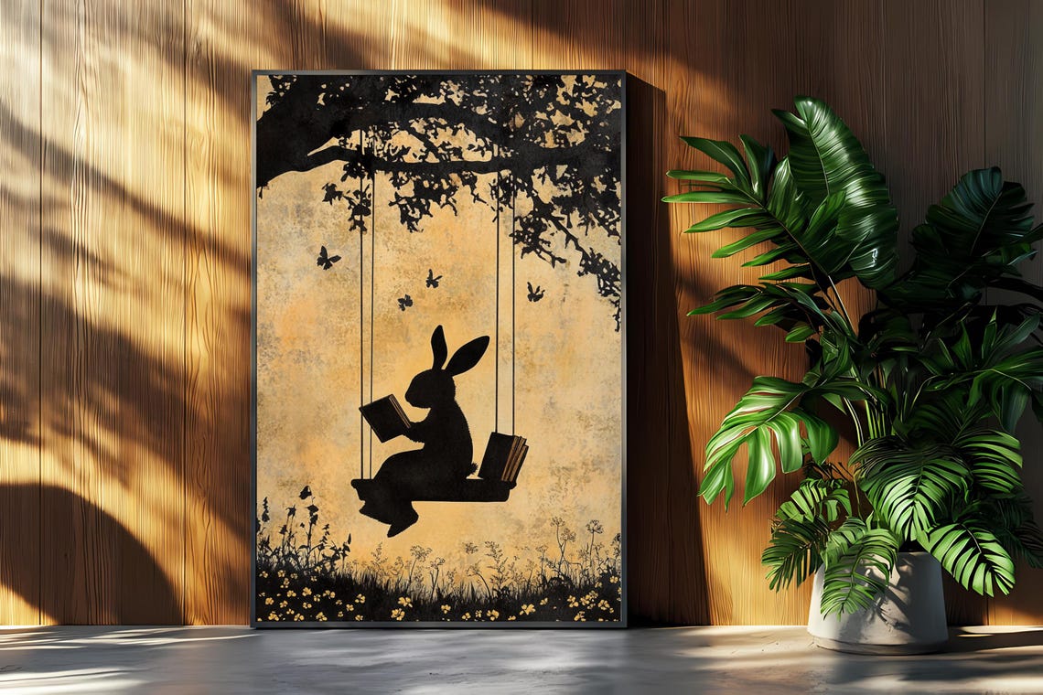 Bunny Silhouette Reading On Swing Golden Vintage Whimsical Poster