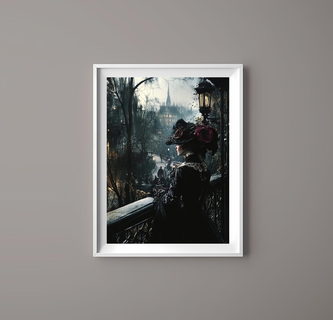 Elegant Victorian Lady Floral Hat Balcony Scene Dark Art Poster - Image 2