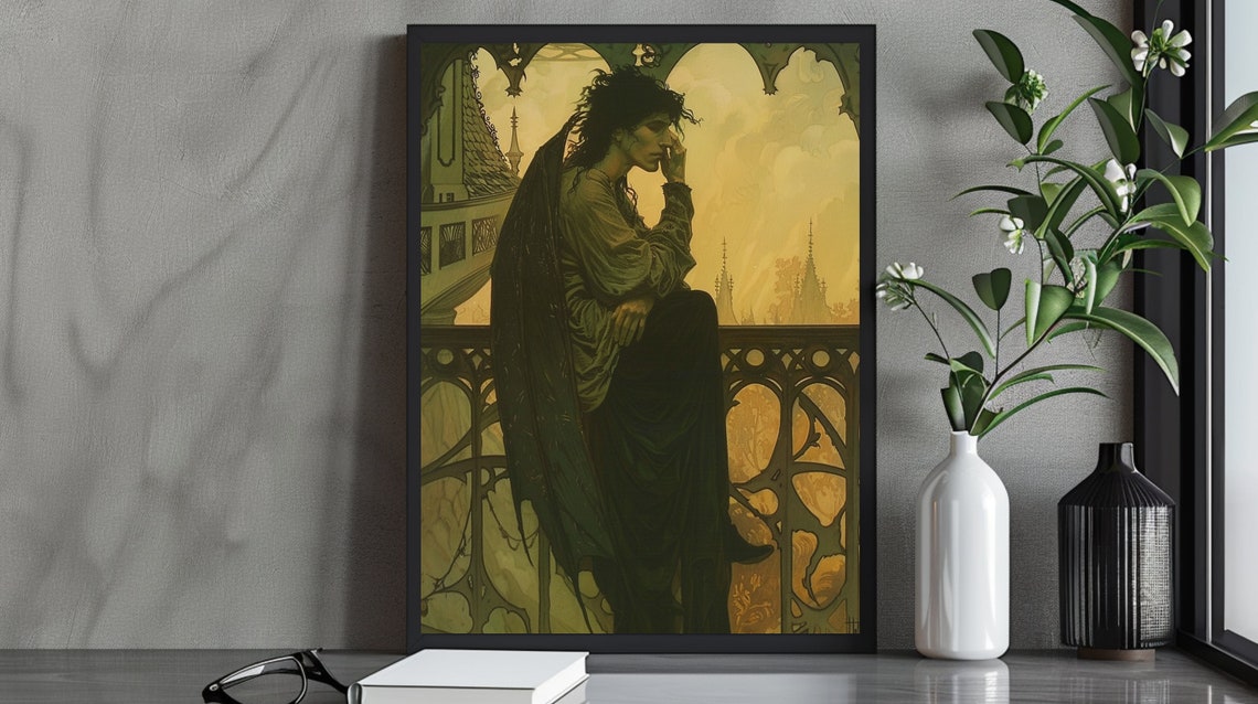 Gothic Dark Angel Art Print Mysterious Winged Man With Fiery Red Wings Enchanting Fantasy Wall Art Ethereal Gothic Decor For Home Office