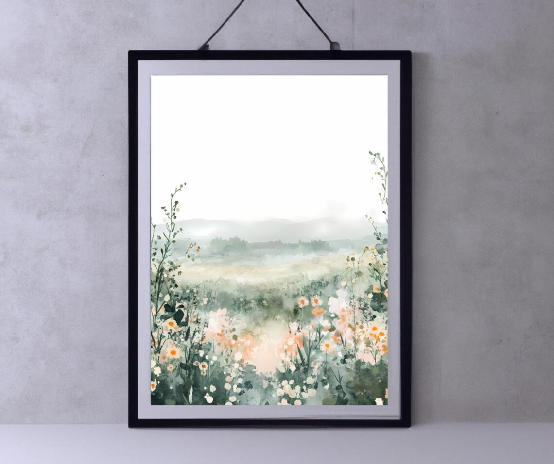 Sunlit Wildflower Meadow In Soft Misty Watercolor Landscape Poster