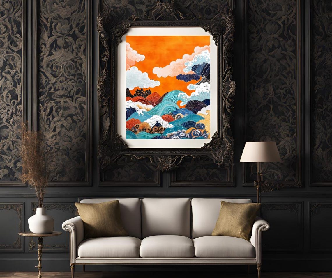 Japanese Ukiyo-e Style Wave Art With a Glowing Orange Sky Poster - Image 3