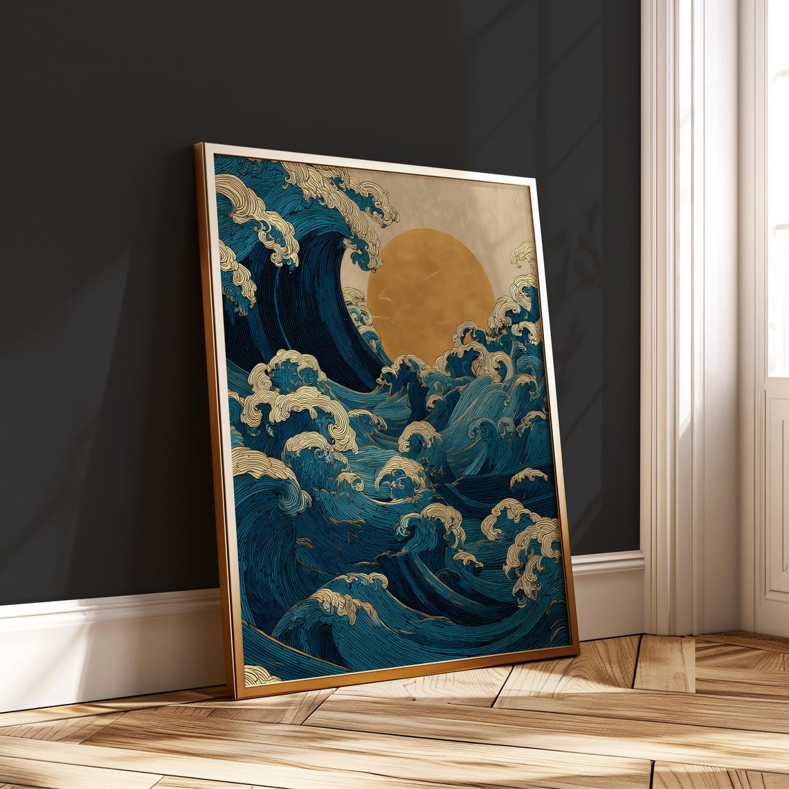 Japanese Ocean Wave Print Golden Rising Sun Poster Bold Traditional Zen Energy Wall Art
