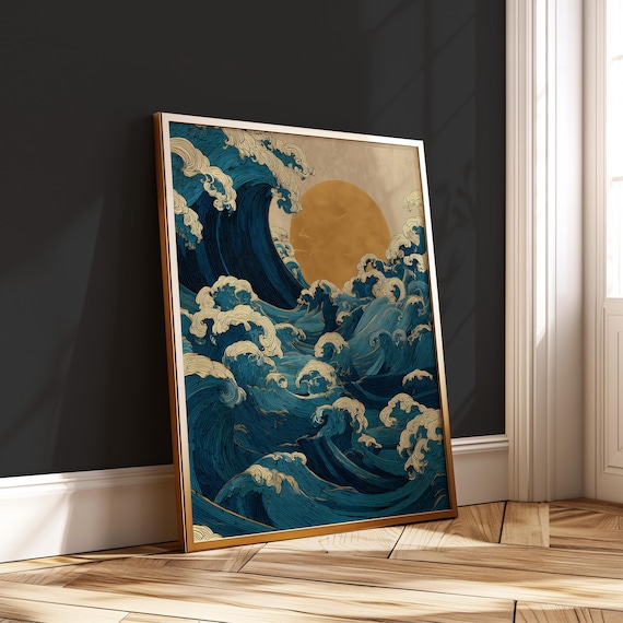 Japanese Ocean Wave Print Golden Rising Sun Poster Bold Traditional Zen Energy Wall Art