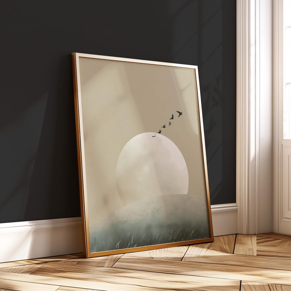 Japandi Moon Horizon Minimalist Birds Soft Neutral Nature Wall Poster