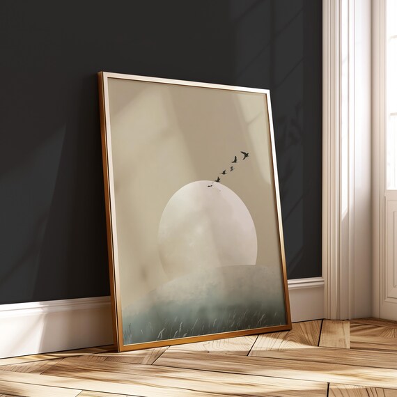 Japandi Moon Horizon Art Soft Minimalist Nature Print Neutral Wall Decor With Birds