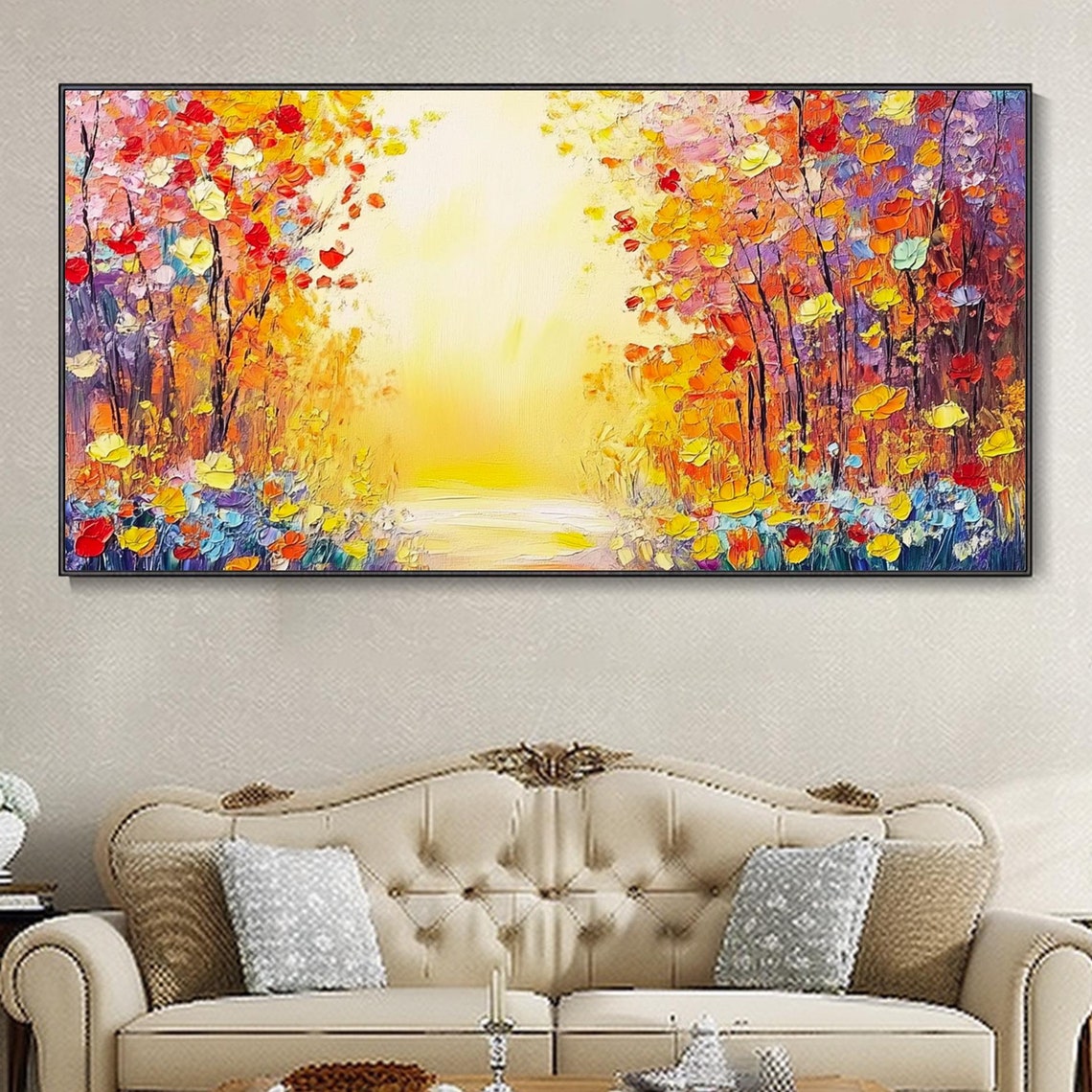 Colorful Forest Path Toward Glowing Golden Light Painting Poster