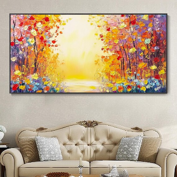 Vibrant Color Landscape Abstract Oil Painting Thick Texture Knife Art Forest Nature Scenery Living Room Decor Wall Art Over Fireplace Large