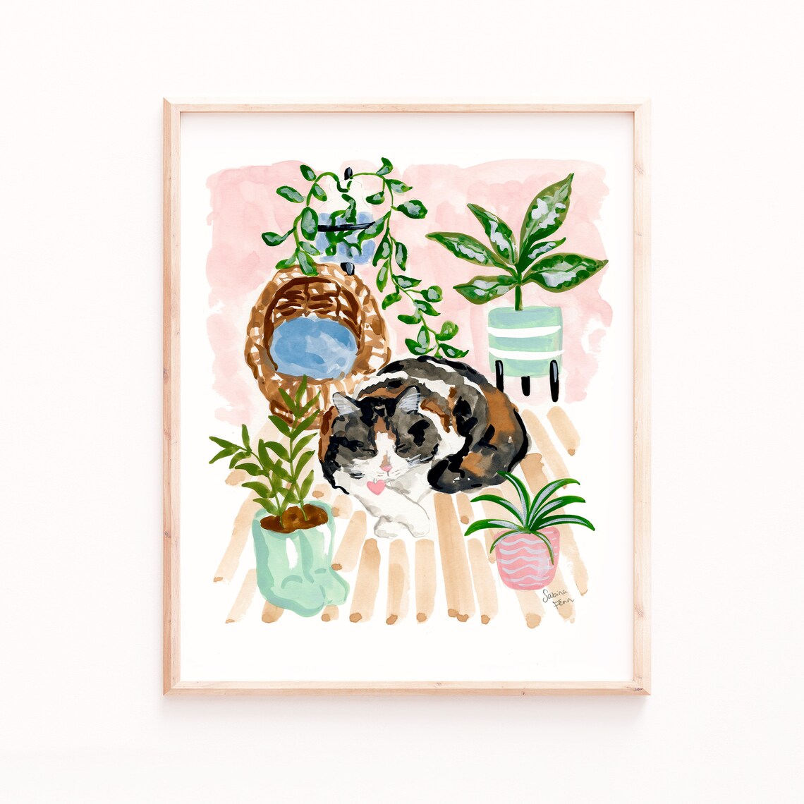 Sleeping Cat Print, Watercolor Cat and Plants
