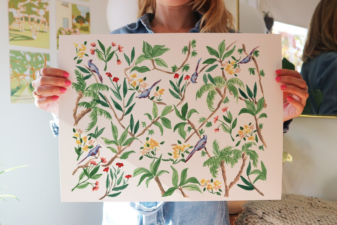 Jungle Birds III Watercolor Gouache Art Print - Image 3