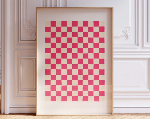Hot Pink Painted Checks Print Colorful Wall Decor Checkered Art Trendy Cute Gallery Abstract Bright Modern