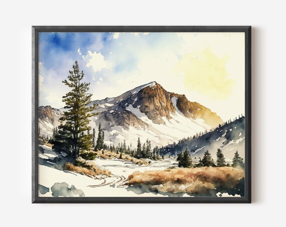 Snowy Mountain Peak Pine Meadow Golden Light Watercolor Art Poster