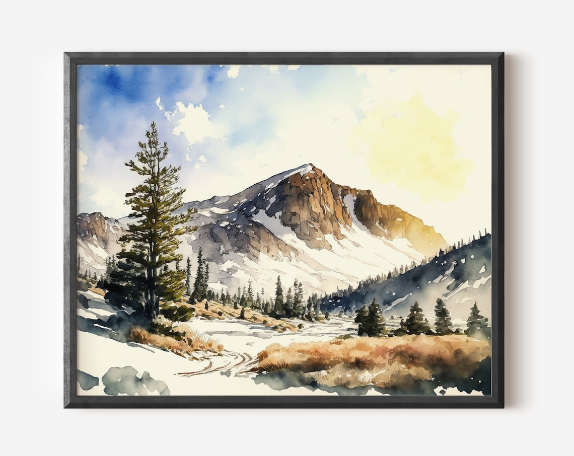 Snowy Mountain Peak Pine Meadow Golden Light Watercolor Art Poster